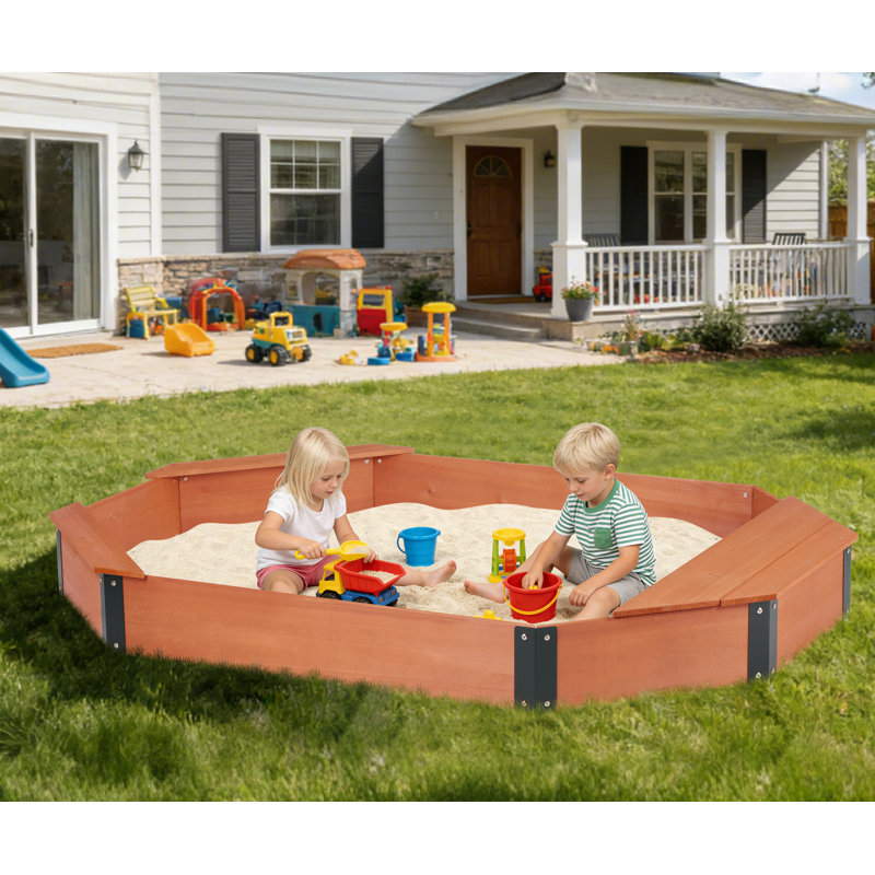 Bac à sable octogonal 76 po x 53 po x 9 po avec boîte de rangement pour enfants, grand bac à sable en bois avec couvercle et 3 bancs, installation facile et rapide