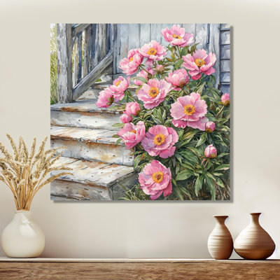 Pivoines roses par The Farmhouse Steps II - pivoines, art mural en métal pour le salon