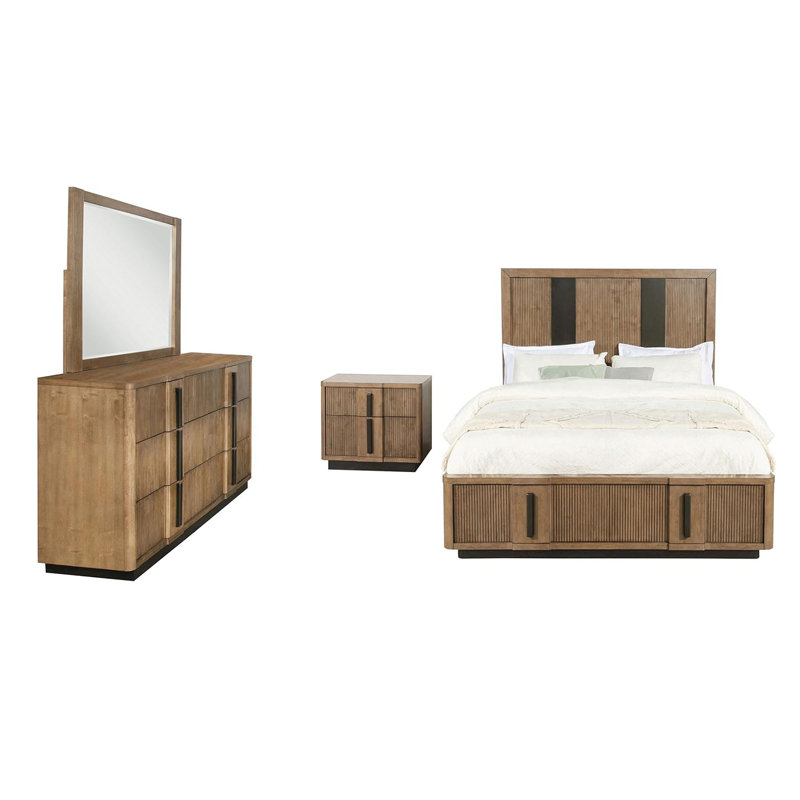 Ensemble de chambre avec grand lit 4 pièces en bois brun cendré