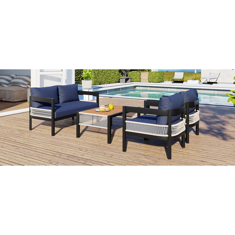 Ensemble de canapé d'extérieur en fer multi-personnes avec 1 table, Bleu très foncé