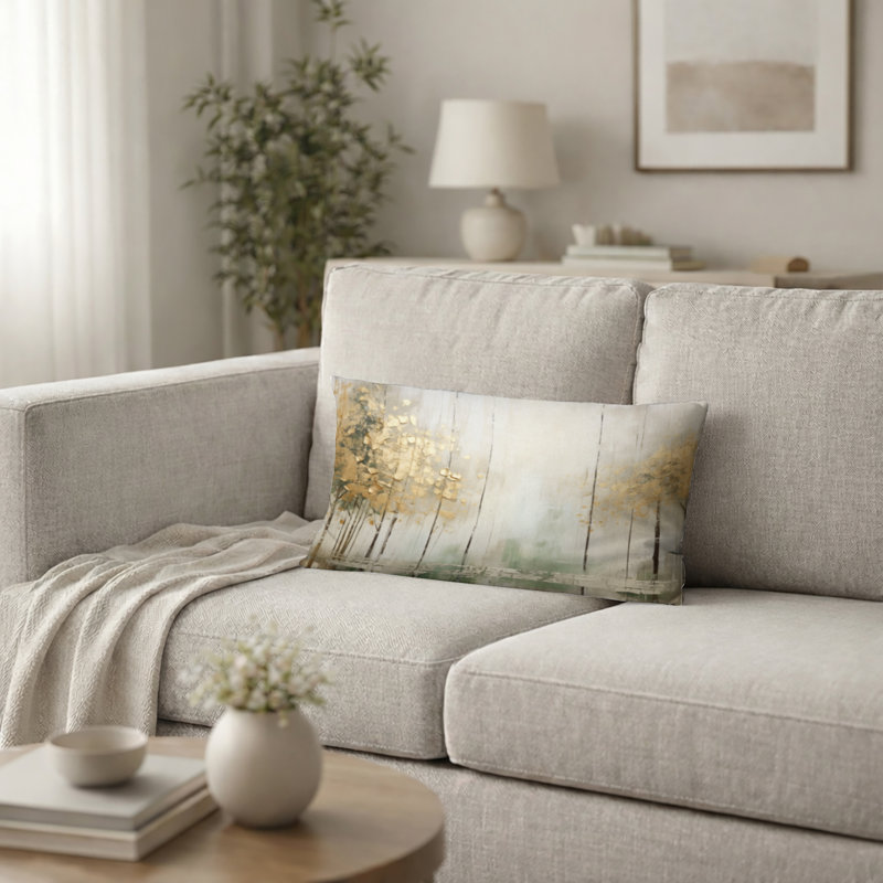 Coussin décoratif Minimalisme Beige et Or Forêt II - Coussin imprimé forêt, 12"H x 20"W