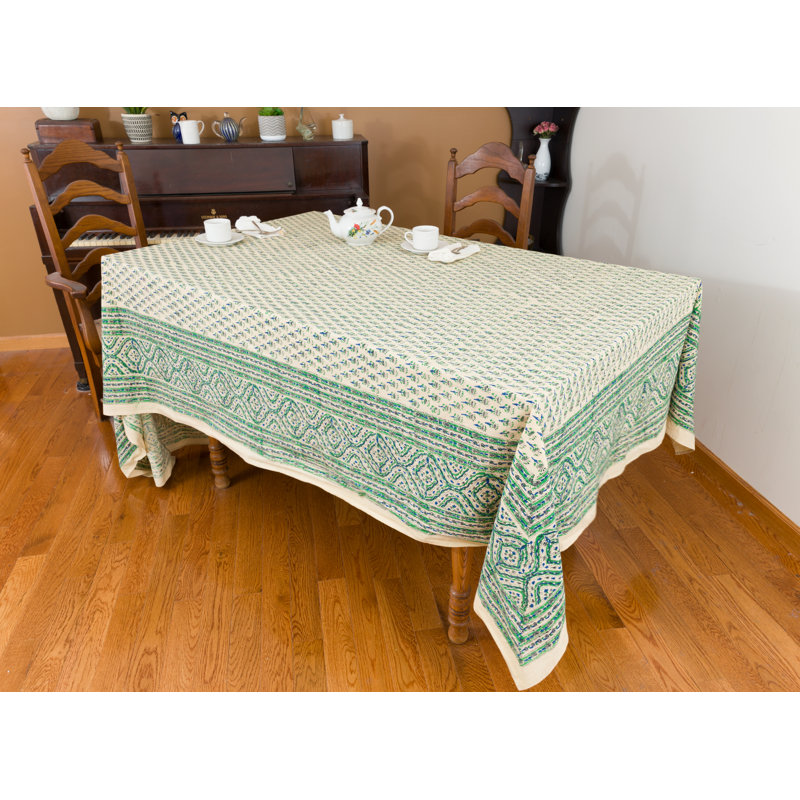 Mariechristine Rectangle Floral Cotton Tablecloth, 108" x 90", Green/Cream