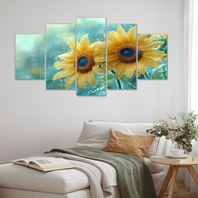 «Rain Washed Sunflowers I» - Art mural tournesols - Art mural traditionnel sur toile, diamant