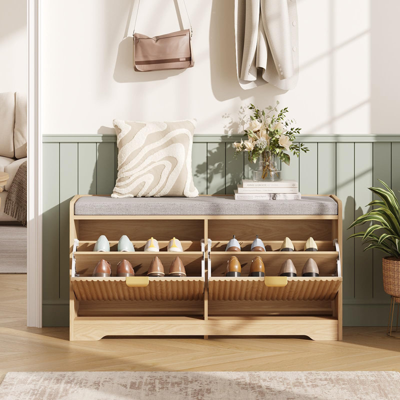 Banc à chaussures cannelé de 100 cm avec rangement, Natural
