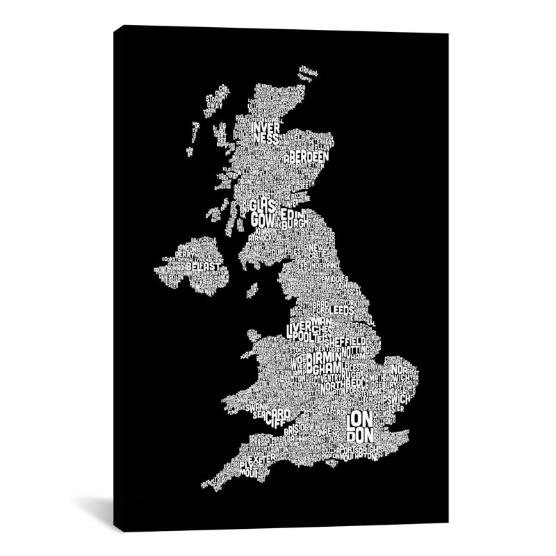 Impression sur toile, "grande-bretagne des villes text map ii" par michael tompsett, H 60 po x l 40po x P 1,5 po