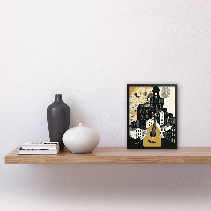 Ibtissem Edinburgh Cityscape Fringe Festival Guitar Linocut - Single Picture Frame Print