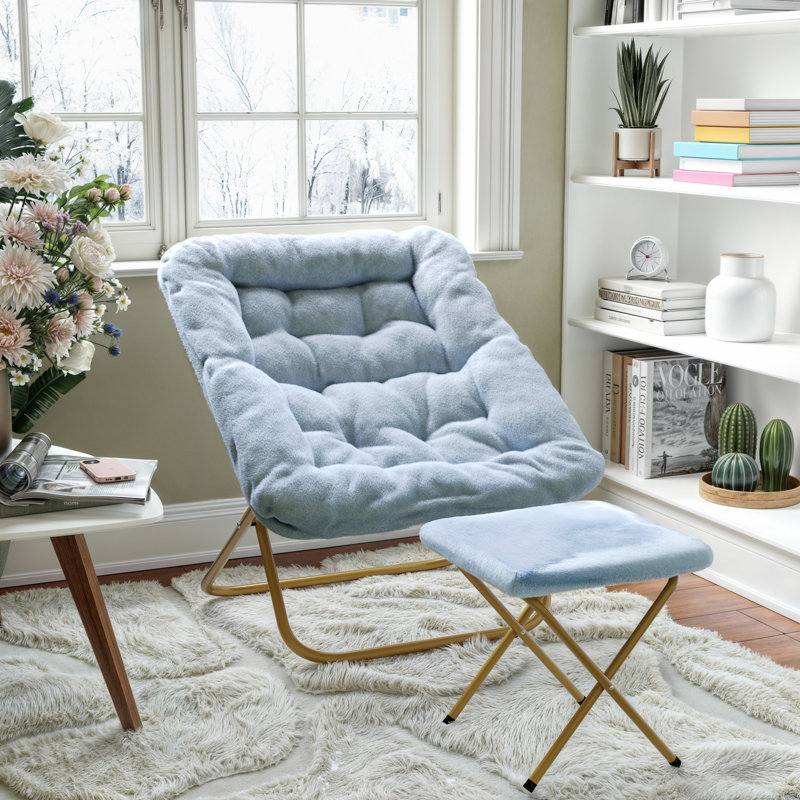 Fauteuil surdimensionné rembourré avec soucoupe et repose-pieds, Polyester bleu