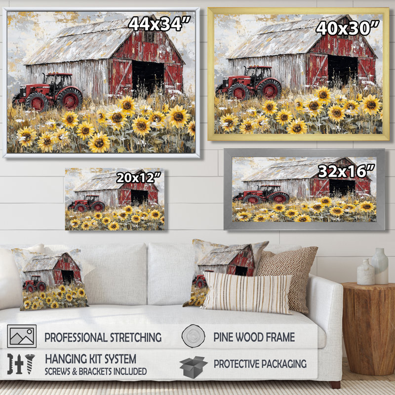 Winter Sunflowers And The Tractor Shed - Sunflowers, reproduction d'art sur toile encadrée, H 34 po x l 44 po, Doré