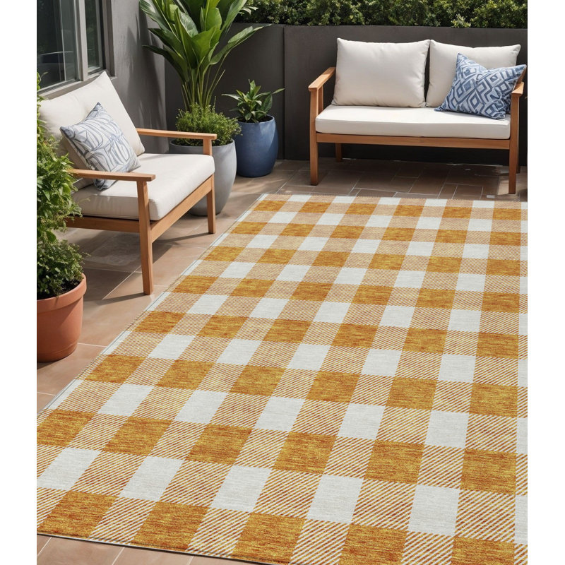 Tapis extérieur lavable à carreaux orange et beige 5 pi x 8 pi