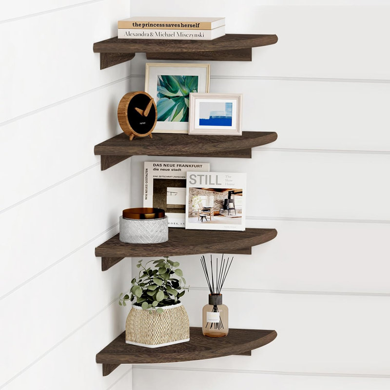 Floating Corner Shelves For Wall Set Of 4, Small Corner Bookshelf For Bedroom Books, Round Wooden Corner Shelf Wall Mount  (Dark Brown)