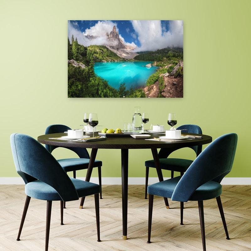 «Turquoise Mountain Lake Dramatic Peaceful Serene Forest Landscape», reproduction d'art, H 32 po x l 48 po