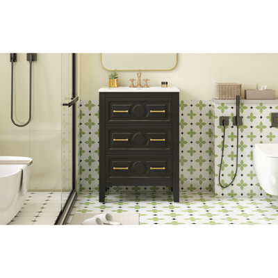 24'' Bathroom Vanity, Ceramic Sink, 3 Drawers, Retro, Black, , Solid Wood, , Easy To Assemble, Elegant Design 24 - Inch Wood Frame, Retro Appearance, Wearable