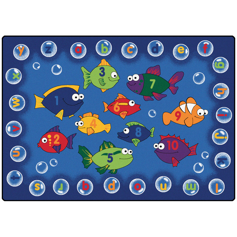 Tapis bleu / vert pêche et alphabet touffeté à la pêche, Rectangle 6 pi x 9 pi