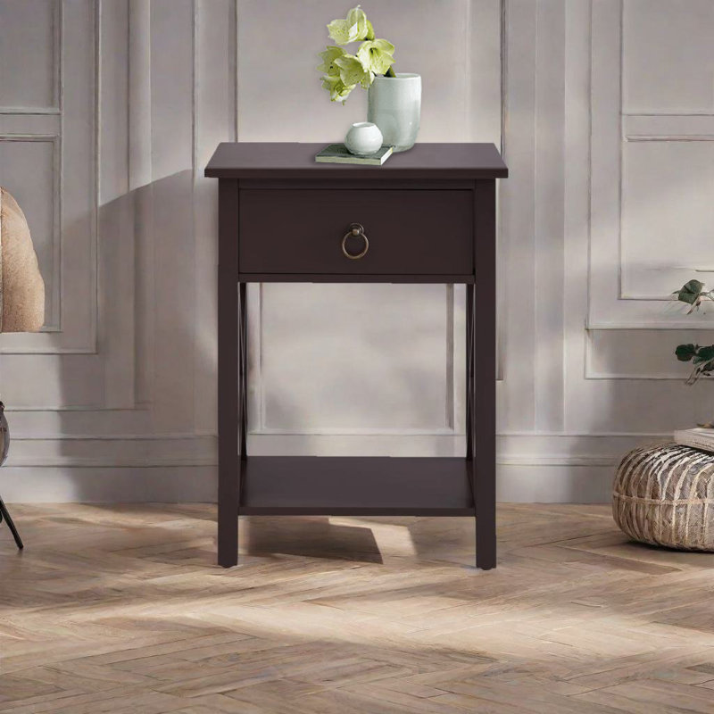 Espresso Solid Wood Small End Table with Drawer and Shelf