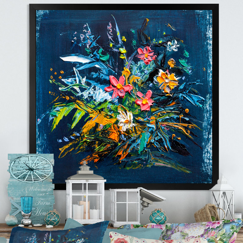 Bleu impressionniste et fleur verte - Peinture, Cadre photo noir, H 30 po x l 30 po x P 1 po