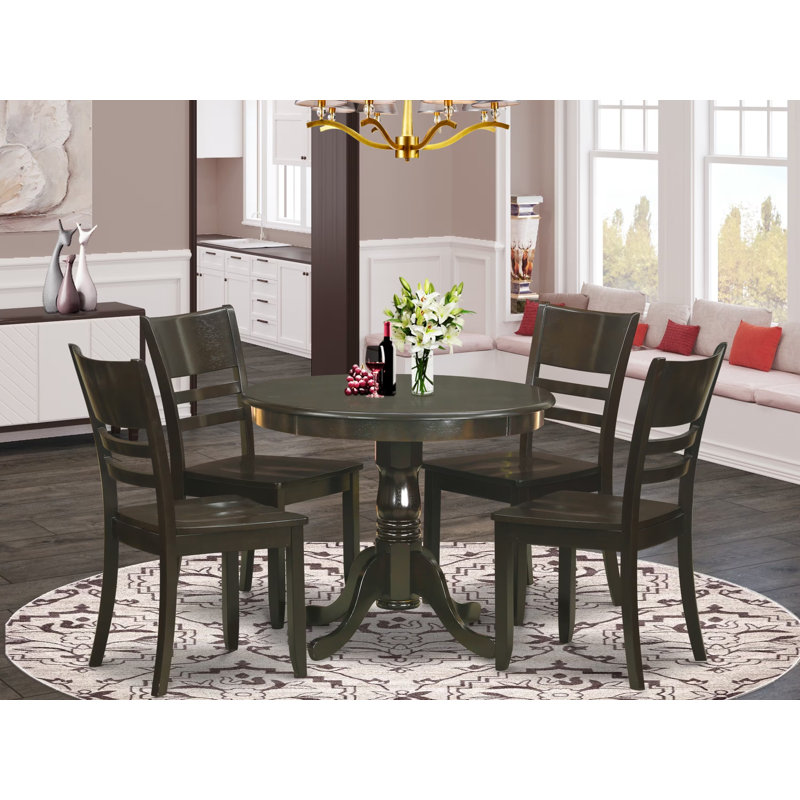 5 Piece Dining Set Includes a Round Dining Table with Pedestal and 4 Kitchen Chairs, Cappuccino, Wooden