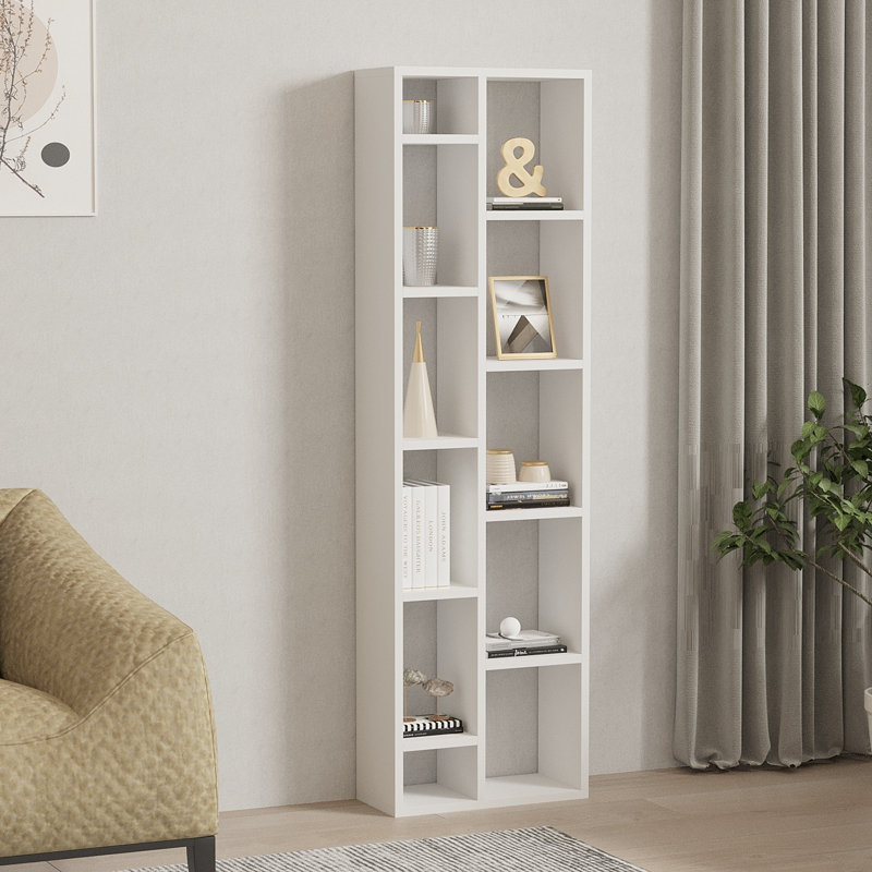 Modern White Bookshelf, 5-Tier Design, 17.5 x 59.1 x 7.7 inches | 100% Melamine MDF Board, Thickness: 0.7 inches | Wall-Mountable, Stylish & Functional Storage Solution for Home or Office