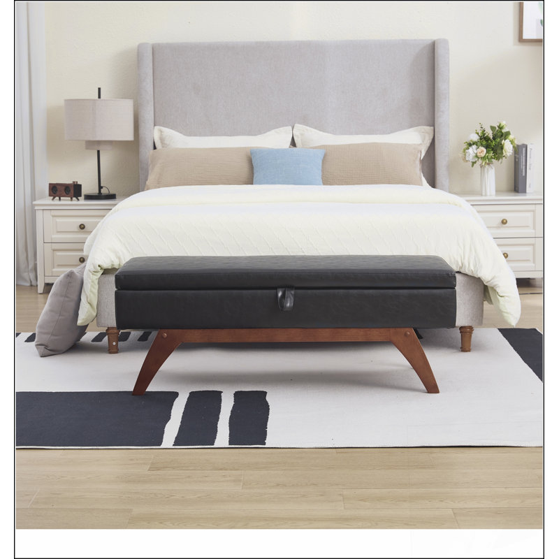 Tissu en laine Teddy, pieds en bois massif pour le pesage massif et tabouret de lit avec fonction de rangement, Noir