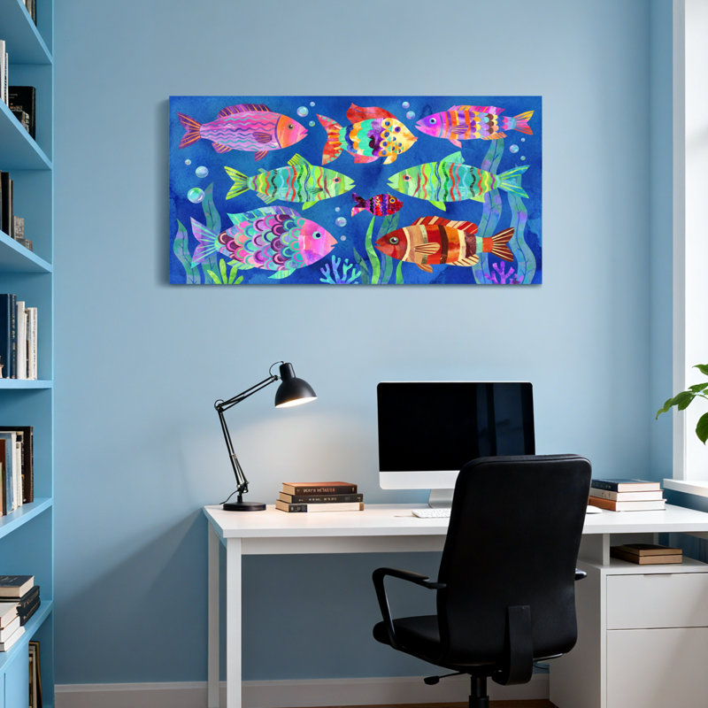 Animals Colorful Fish Underwater Scene Pattern Print, 16" H x 32" W