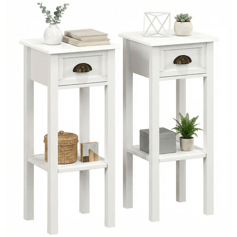 Table de bout à 2 niveaux avec tiroir, table de bout étroite avec tablette inférieure, pour le salon, ensemble de 2, Blanc