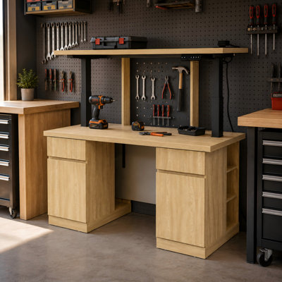 54.3" W Double-Layer Electric Height-Adjustable Garage Workbench with Storage Cabinets, Pegboard, LED Light and Charging Station – Natural Oak