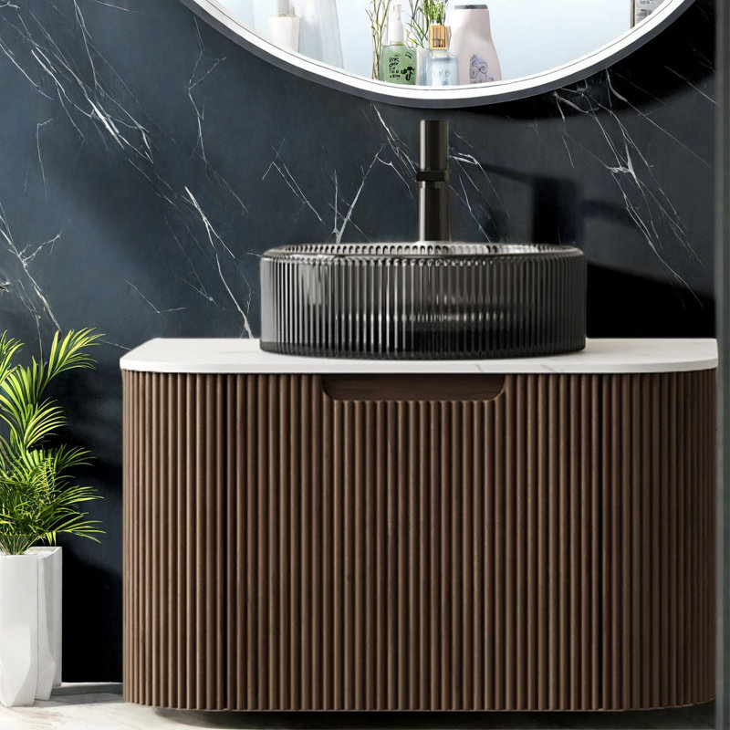 Meuble-lavabo moderne avec lavabo en verre, finition noyer, fixation murale