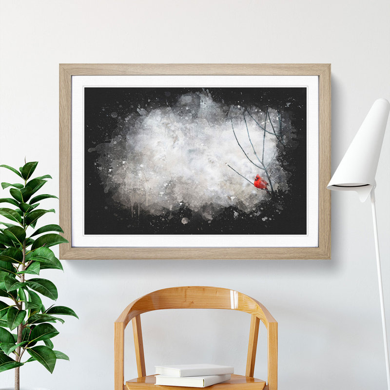 Red Cardinal Bird Paint Splash - Picture Frame Graphic Art, Oak Framed, 60cm H x 91cm W x 2cm D