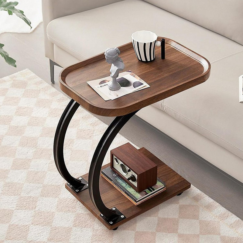 C Shaped Side Table With Wheels, Modern C Table End Table For Sofa And Bed, Small Couch Tables That Slide Under, Wooden C Shaped End Table For Couch, Coffee C Table For Small Space(Walnut)
