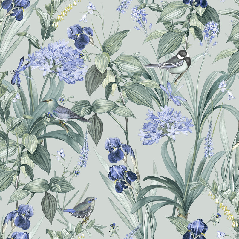 Papier peint botanique Mint Birds and Dragonflies, Vert