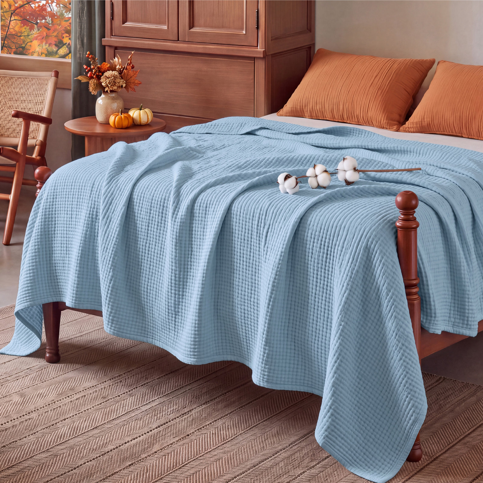 Bedsure Cotton Muslin Throw Blanket, King, Spring Blue