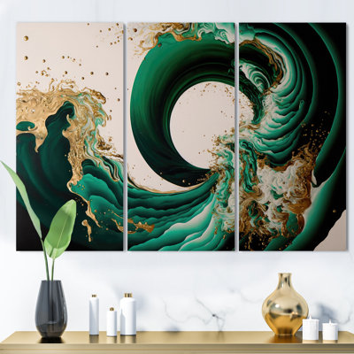 Beffrey " Emerald Green And Gold Abstract Waves IV " 3 - Pieces