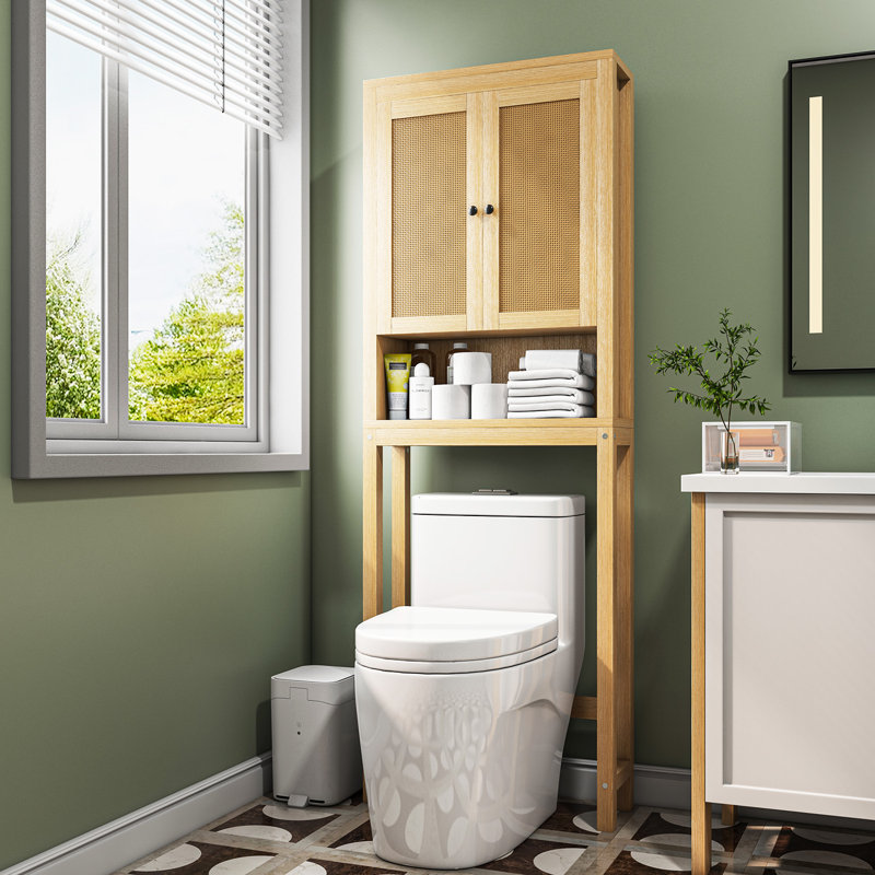 Armoire de rangement en rotin au-dessus de la toilette, organisateur de salle de bain au-dessus de la toilette avec tablette réglable, armoire de toilette derrière, économiseur d'espace pour les toilettes, salle de bain, buanderie, étagère en bois