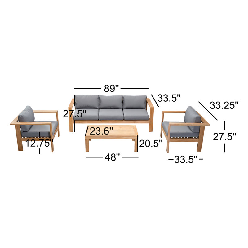 Ando 4 Piece Teak Sofa Seating Group with Sunbrella Cushions, Canvas Charcoal Sunbrella® Canvas