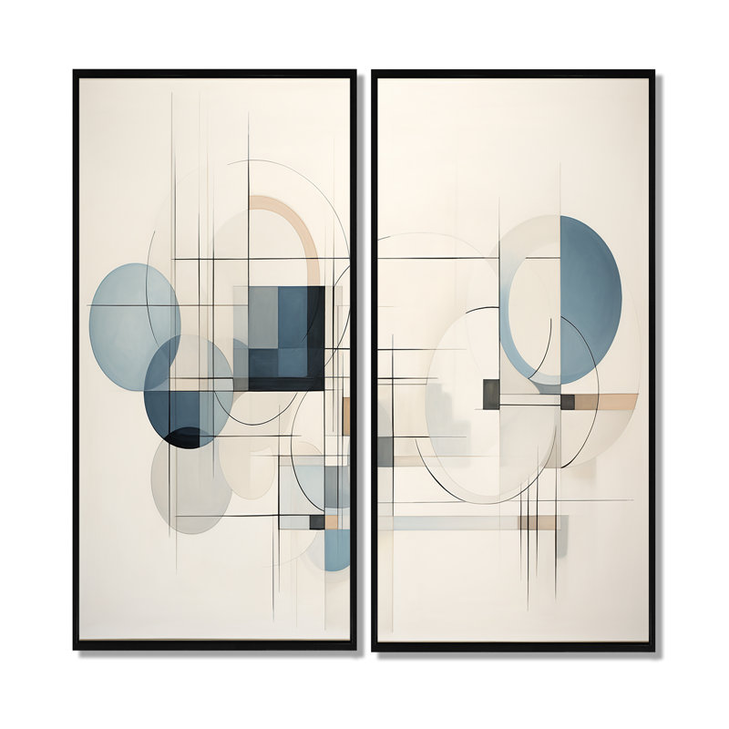 «Blue Grey Line Art Abstract Geometrics IV», art mural moderne, H 32 po x l 32 po, Impression encadrée flottante, Noir