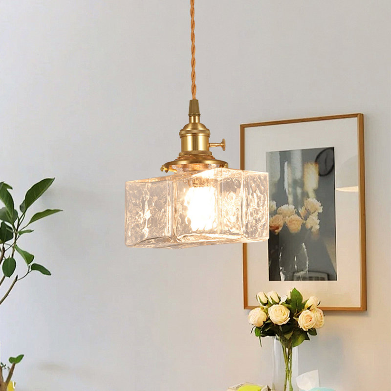 Mid-century Vintage Square Hammered Glass Pendant with Textured Shade
