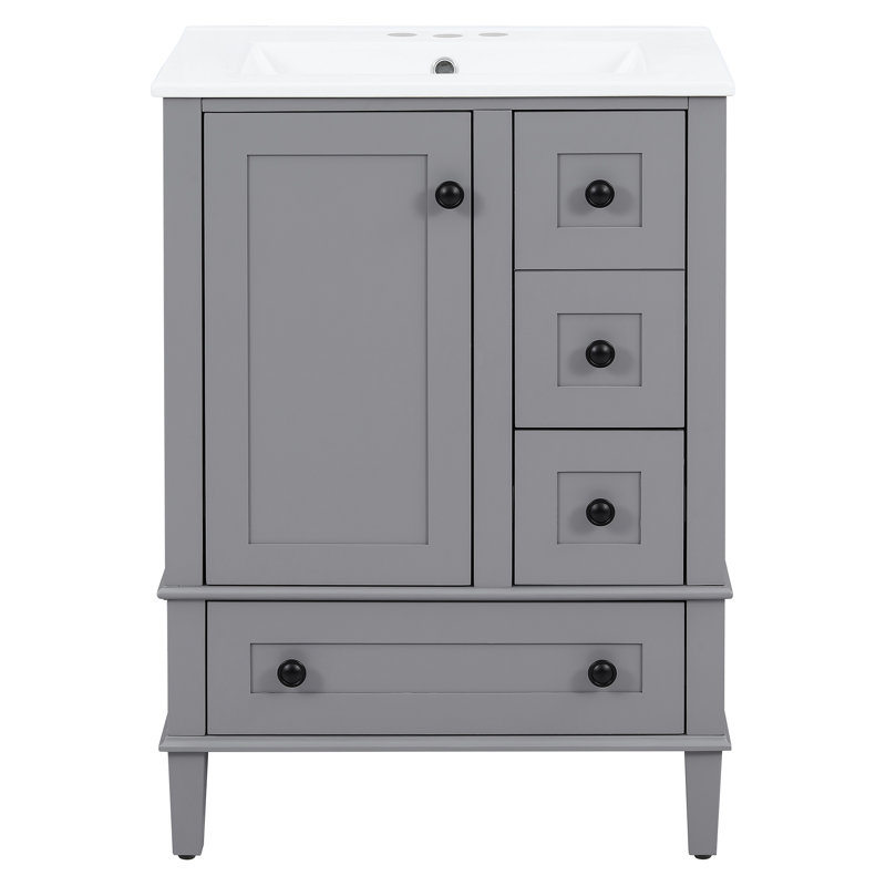 Meuble-lavabo de 24 pouces avec lavabo intégré en céramique, tablette à double couche, tiroirs à fermeture en douceur et porte d'armoire à fermeture en douceur.