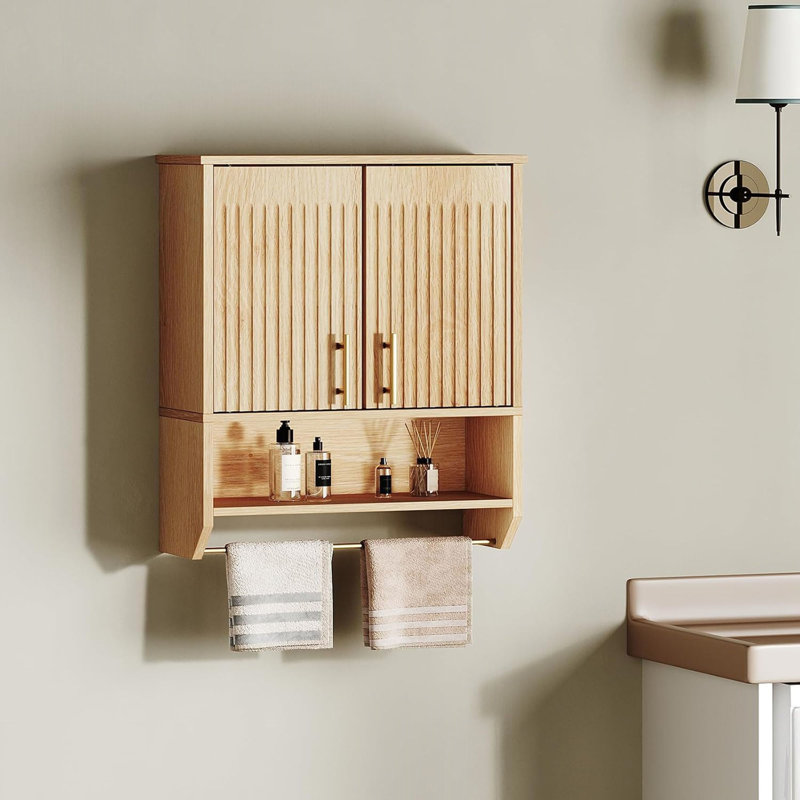 Fluted Bathroom Wall Cabinet, Farmhouse Medicine Cabinet With 2 Fluted Doors, Wall Storage Shelf With Towel Rack & Adjustable Shelf For Small Spaces, Bathroom Kitchen, Natural