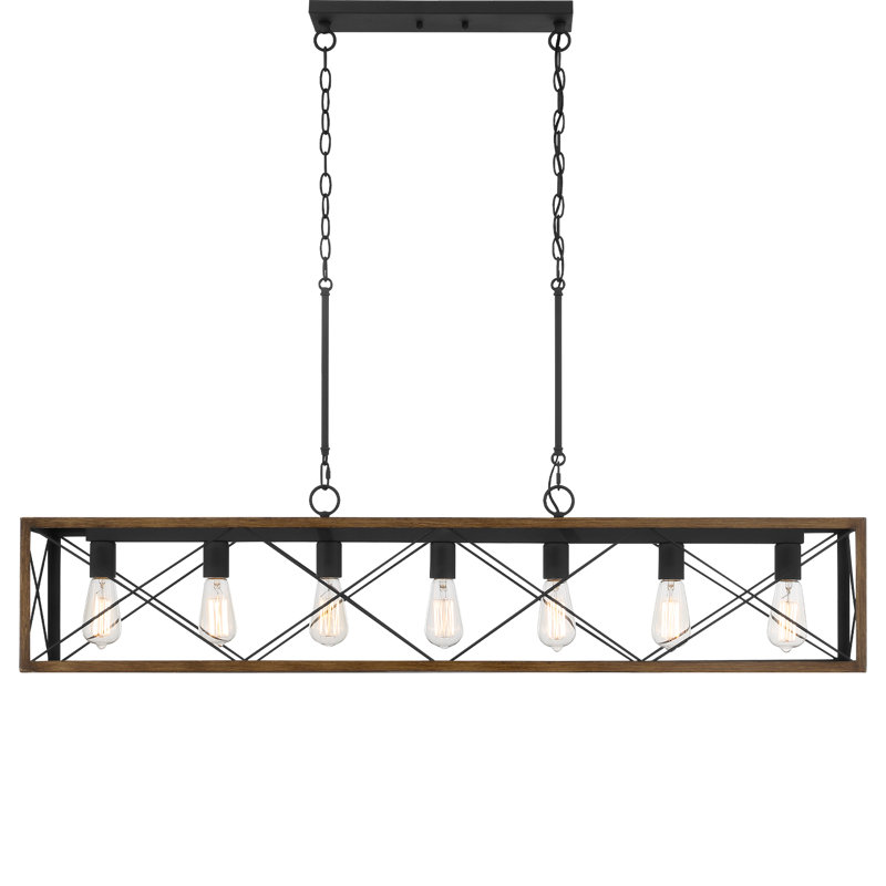Lustre linéaire pour îlot de cuisine à intensité variable Evys, Bois de pin / zinc vieilli, 7