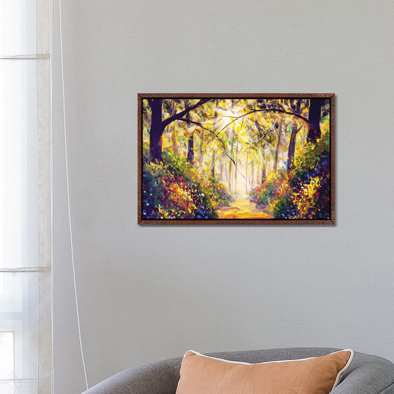 Sunny Forest Wood Trees by Valery Rybakow - Painting on Canvas, Classic Brown Wood Framed, 45.72cm H x 66.04cm W x 3.81cm D