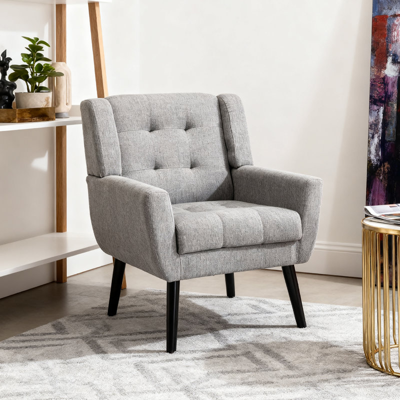 Tufted Upholstered Wide Back Armchair（Set of 2）, Light Gray Linen Blend