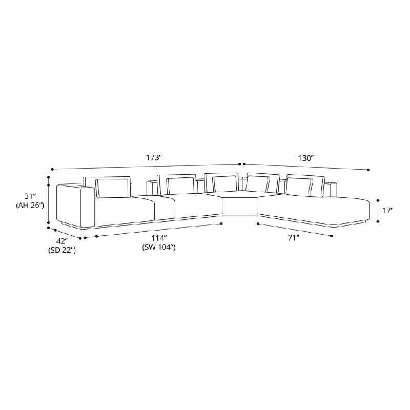 173" Wide Left Hand Facing Modular Corner Sectional with Ottoman