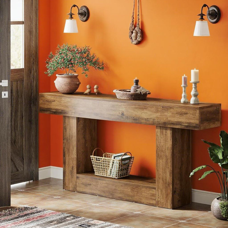 Console deux tons rustique - plateau à grain brun et base en forme de U gris pour le charme d'une maison de campagne