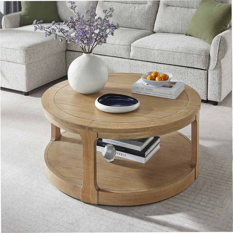 40inch Large Curved 2 Tier Traditional Round Circle Wooden Center Coffee Table,Rounded Table with Wheels,Mid Century Rustic Style Table for living Room,Office,Apartment