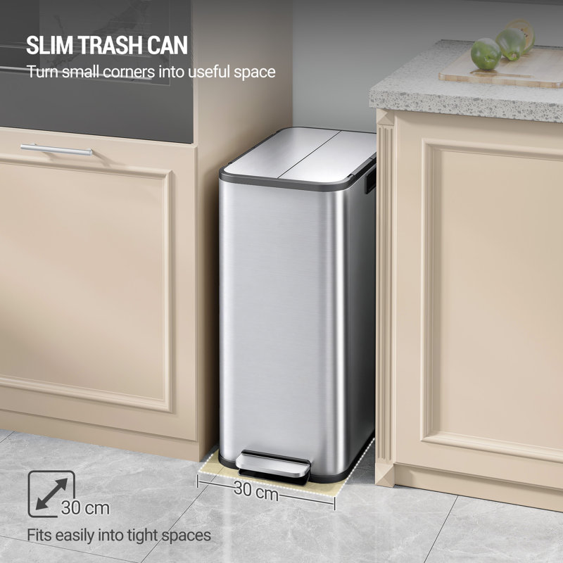 Kitchen Bin, 56L (2 × 28L) Recycling Bins for Kitchen with Soft-Close Lid, Stainless Steel Bins with Removable Inner Buckets, Pedal bin Includes 15 Trash Bags