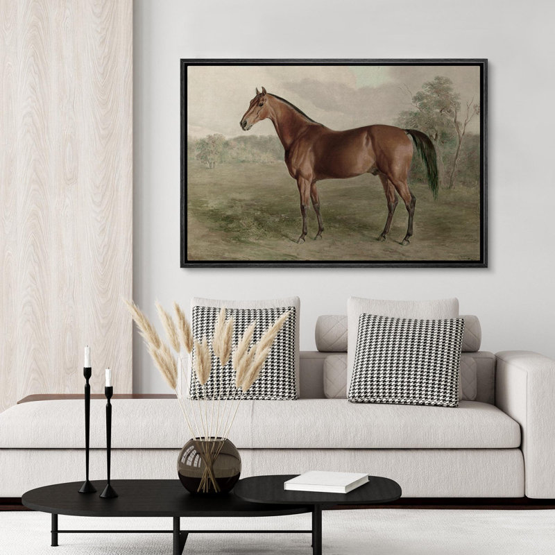 «Brown Horse in The Field Animal Artwork», impression sur toile encadrée classique, Noir, H 24 po x l 36 po