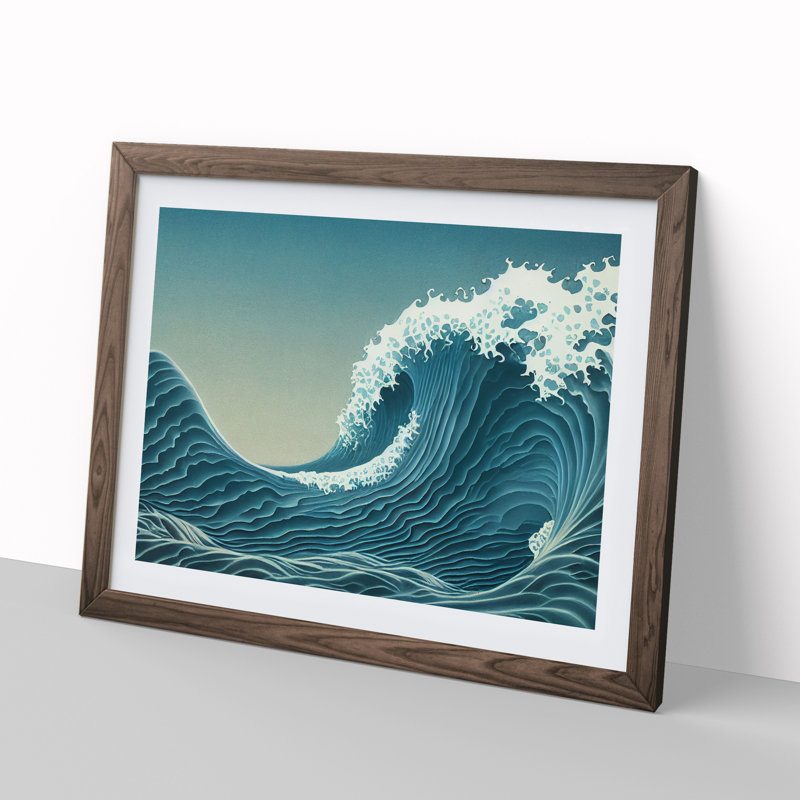 Idyllic Japanese Wave - Single Picture Frame Painting, 46cm H x 64cm W x 2cm D, Walnut