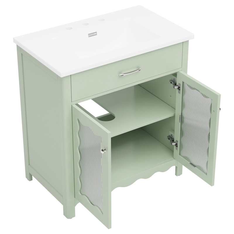 Meuble-lavabo de salle de bain de 79 cm (31 po) avec portes en verre à rayures verticales, étagères réglables, charnières à fermeture douce et résistance aux égratignures et aux taches pour un lavabo rectangulaire en céramique facile d'entretien et bien organisé.