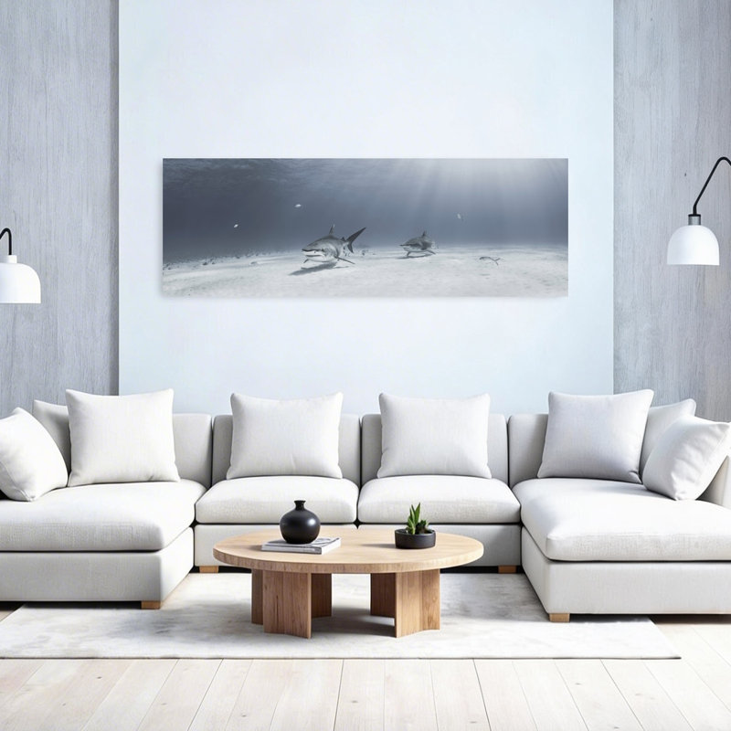 Requins dans l'eau claire, requin de poisson contemporain serein, océan, art mural, H 20 po x l 60 po
