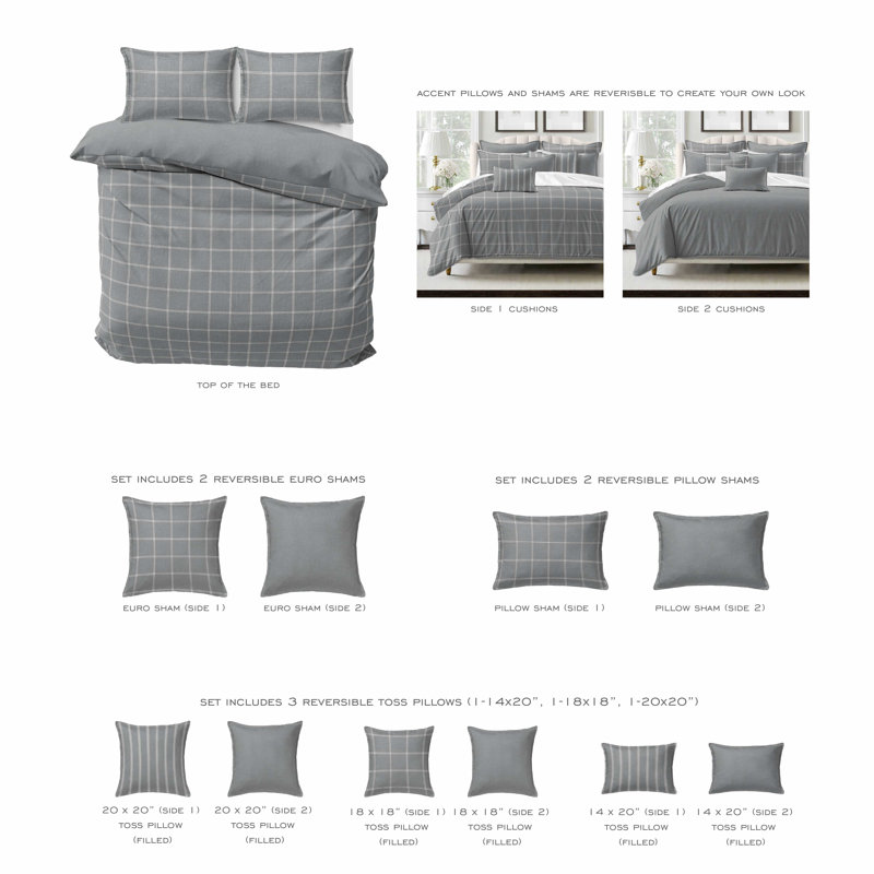 Shay Window Pane Gray Cotton Comforter Set  8 Piece, California King Comforter + 7 Additional Pieces