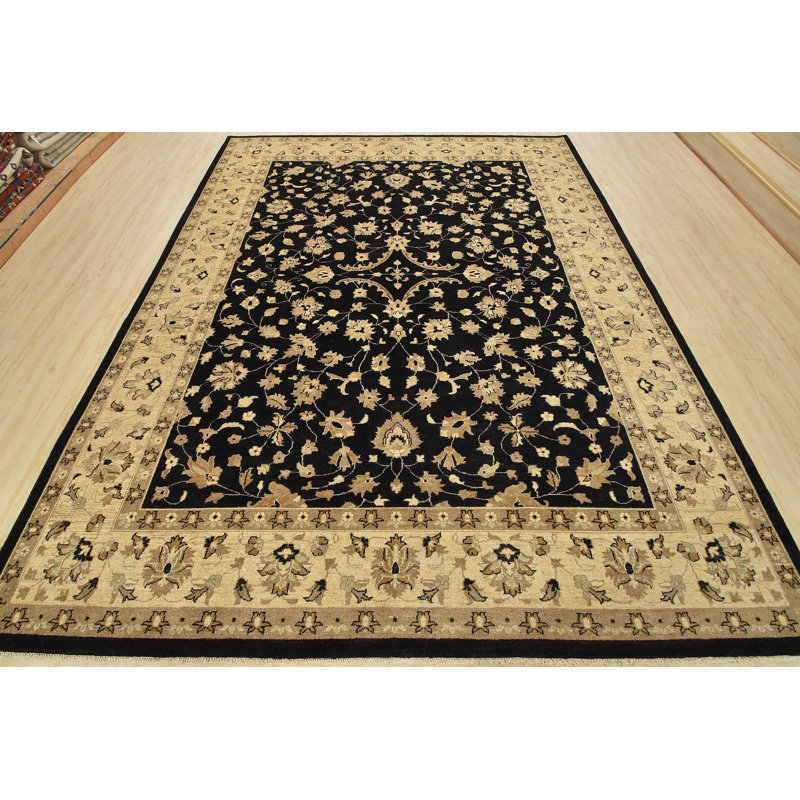 Tapis oriental traditionnel en laine noir noué à la main 9 pi 1 po x 11 pi Ziegler